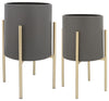 Sagebrook Home 12629-28 Set of 2 Diamond Planter On Metal Stand, Gray/Gold