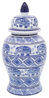 Sagebrook Home 16511-02 Ceramic, 14" Elephant Temple Jar, White/Blue