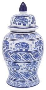 Sagebrook Home 16511-02 Ceramic, 14" Elephant Temple Jar, White/Blue