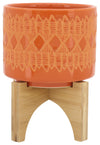 Sagebrook Home 15036-07 Ceramic 5" Aztec Planter On Wooden Stand, Orange