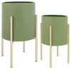 Sagebrook Home 12629-29 Set of 2 Diamond Planter On Metal Stand, Olive/Gold