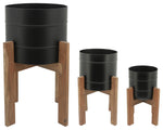 Sagebrook Home 16566, 11/14/16" Planters With Wooden Stand, Black, Set of 3