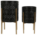Sagebrook Home 12629-38 Set of 2 Hexagon Planters On Metal Stand, Black/Gold