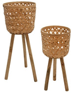 Benzara Round Wooden Planter with Open Lattice Weave, Set of 2, Brown